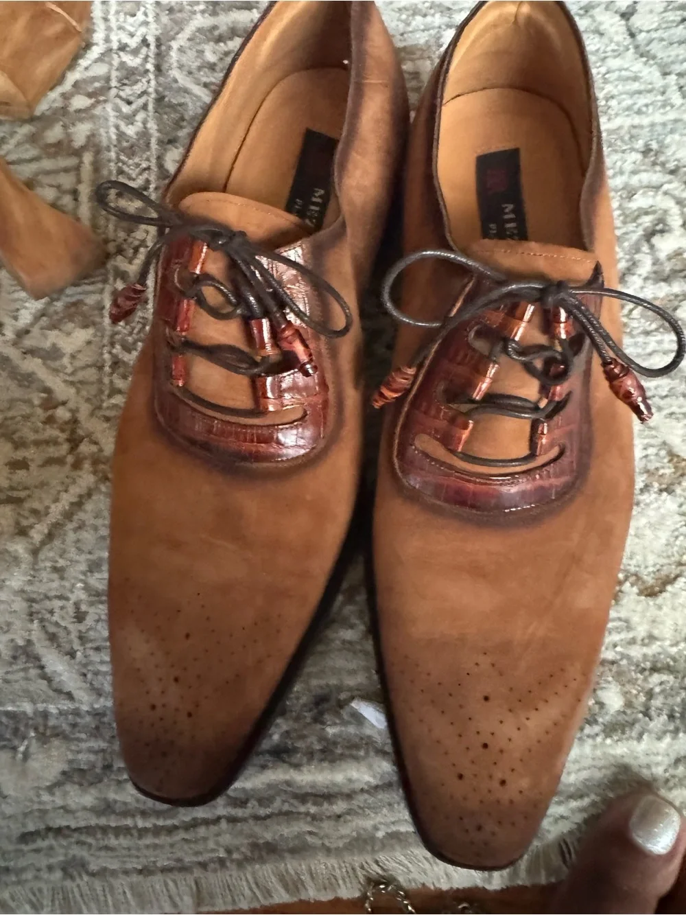 Mezlan Tan Suede Oxfords with Cognac Leather Lace Panels